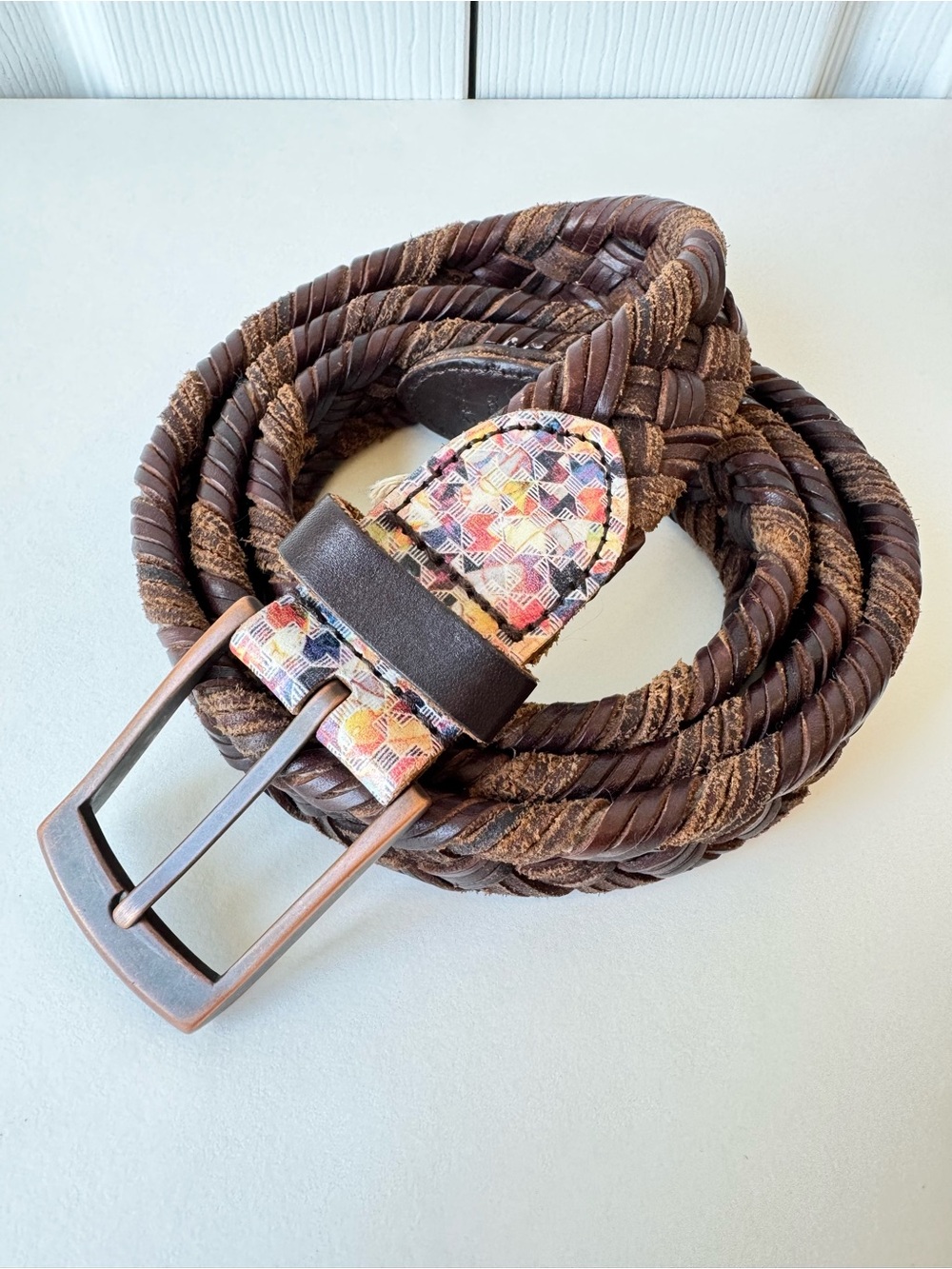 Robert Graham Woven Brown Leather Belt Size 42 Distressed Preppy Coastal Golf